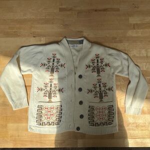 Vintage Cream Cardigan with Colorful Embroidery